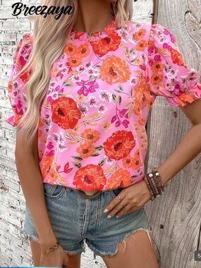 Floral Pink & Orange Short Sleeve Top
